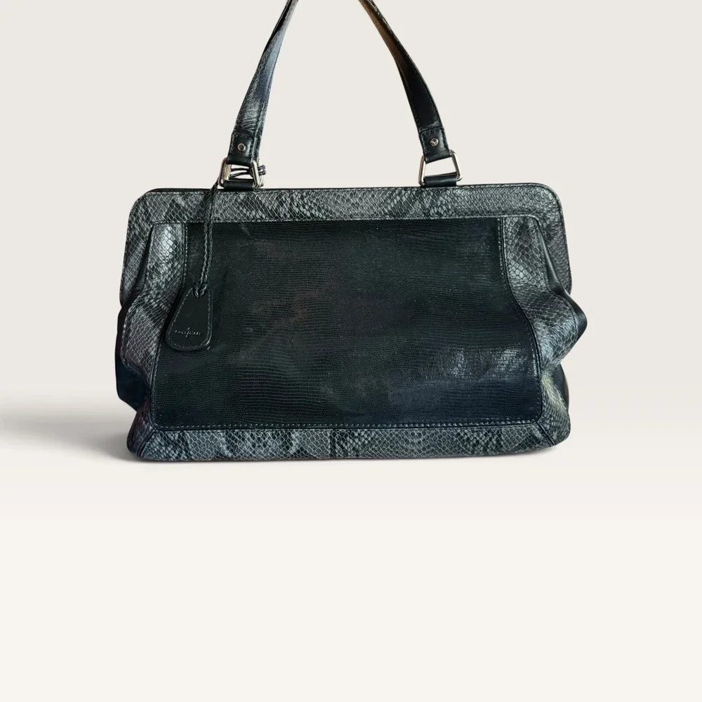 Cole Haan Black Lizard Gray Snakeskin Embossed Leather Satchel Handbag Bag